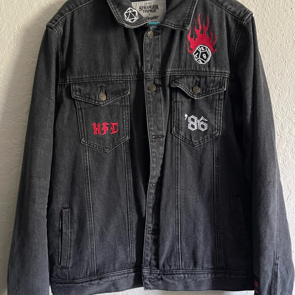 Cakeworthy Stranger Things Black Denim Jacket with Red and White Accents